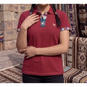 Illari Souvenirs XL Burgundy Peruvian Woven Trim Short Sleeve Polo